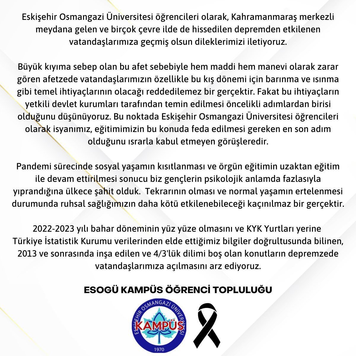 Eskişehir Osmangazi Üniversitesi Kampüs Öğrenci Topluluğu Bildirisi #universitelerkapatılmasın #uzaktan