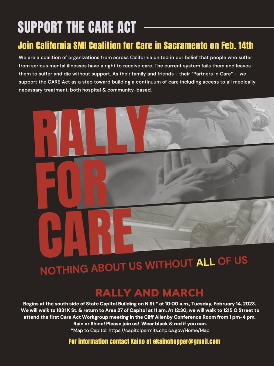 Calling all California #SMI advocates! 

The California SMI Coalition for Care is organizing a rally in Sacramento in support of the #CAREAct. Join the rally at 10:00 am tomorrow!

Contact Kaino at ekainohopper@gmail.com with any questions.