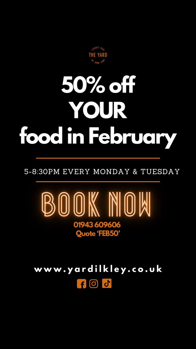 Monday just got better!! 💪

Don’t miss your chance to get 50% off your food bill every Monday &amp; Tuesday in February, 5-8:30pm. 

Just book via bit.ly/3L7VOul and quote ‘FEB50’ or give us a call 01943 609606

#ilkley #foodie #burgertime #veggiefood #yummyfood
