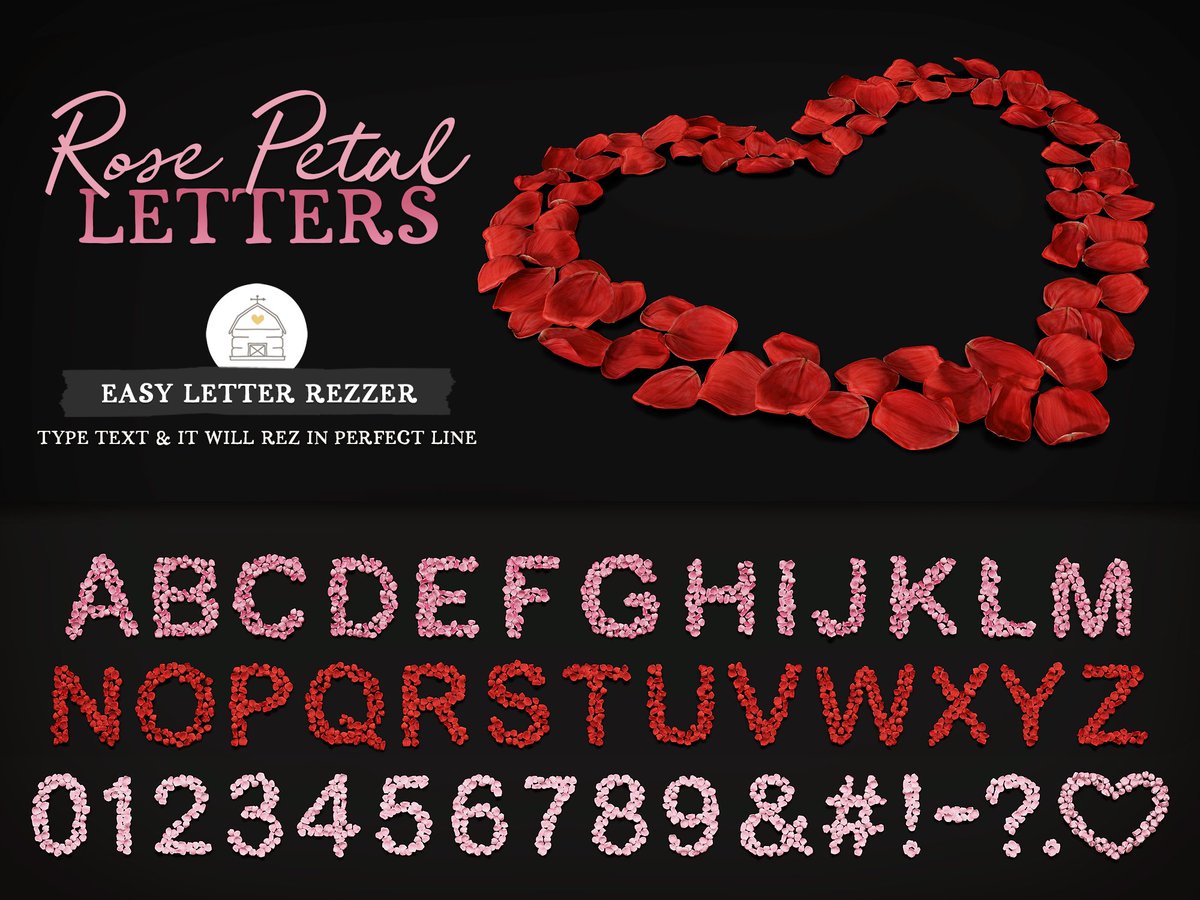 [🧵] Last minute Valentine gifts/decor from hive! 
Rose Petal Letters💘includes my easy letter rezzer-simply type your text and it will rez automatically
🛒: marketplace.secondlife.com/p/hive-rose-pe…
RED: marketplace.secondlife.com/p/hive-rose-pe…
PINK: marketplace.secondlife.com/p/hive-rose-pe…
PALE PINK: marketplace.secondlife.com/p/hive-rose-pe…