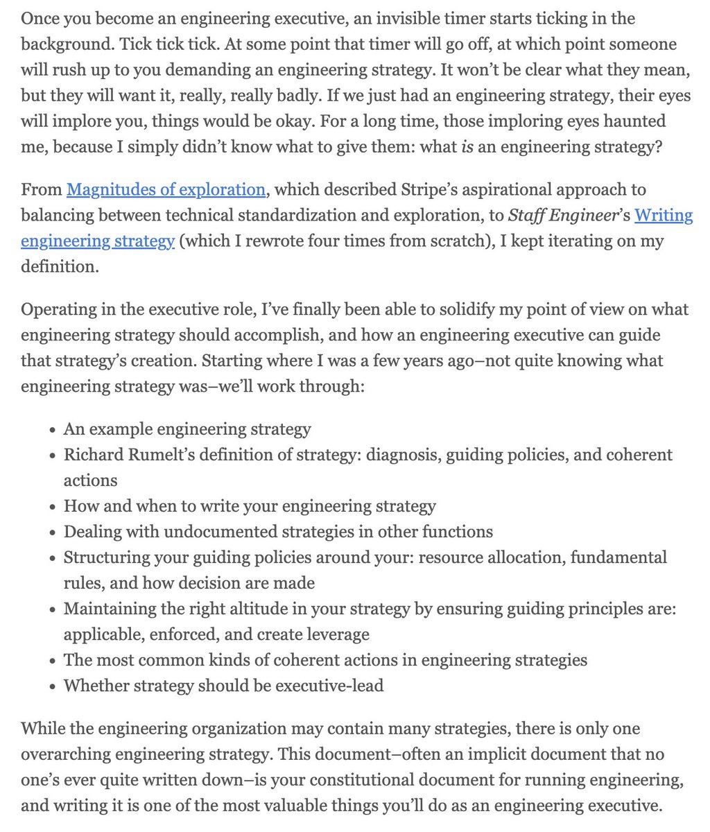 Once again, I am coming to you with a soup-to-nuts writeup on engineering strategy.  Wrote an example eng strat, structuring strat in general, structuring eng strategy in particular, and how to evaluate specific strategy components. It's a lot.

lethain.com/eng-strategies/