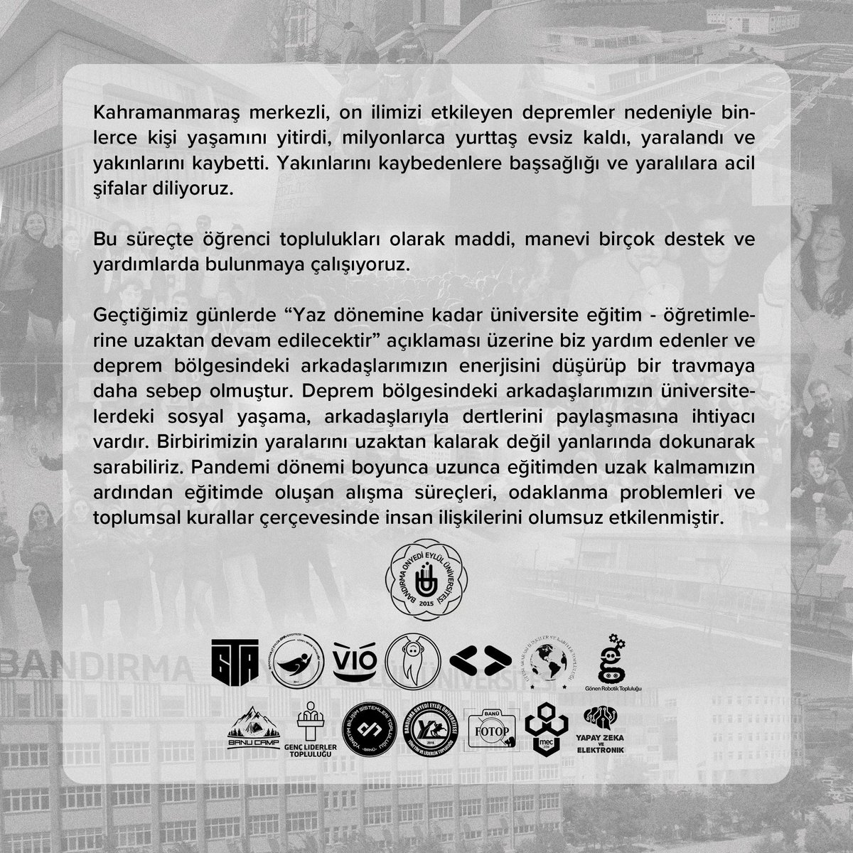 uniteroru's tweet photo. Bandırma Onyedi Eylül Üniversitesi Öğrenci Toplulukları Ortak Bildirisi #universitelerkapatılmasın #uzaktan https://t.co/ekDp7Q3K0v