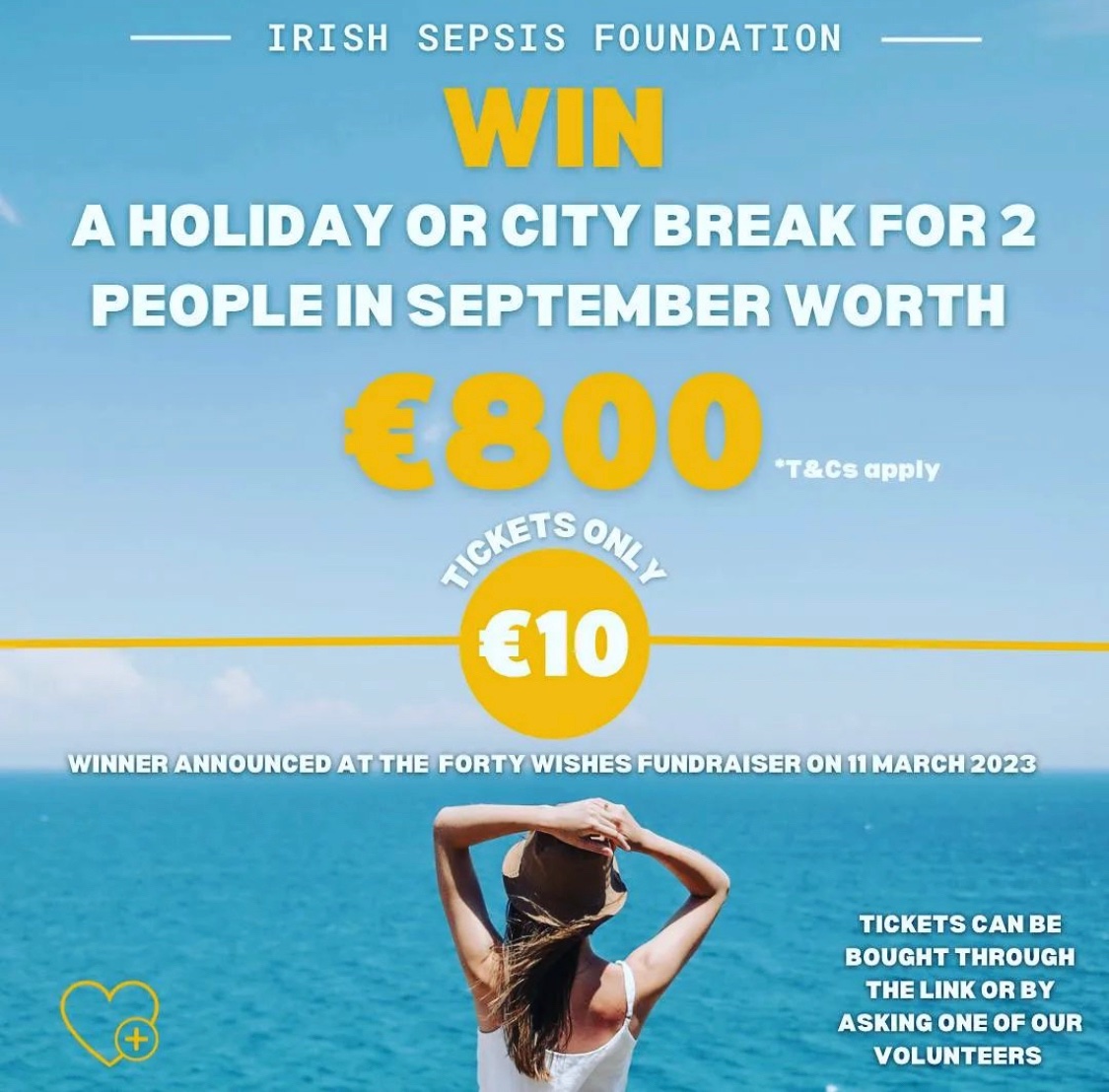 IrishSepsis's tweet photo. We are giving away a sun holiday or city break for two people this September - if you win the choice is all yours! Tickets are just €10 and are available through this link: https://t.co/hJNiNjJKpV 🏝 https://t.co/JkcUh3x4TW