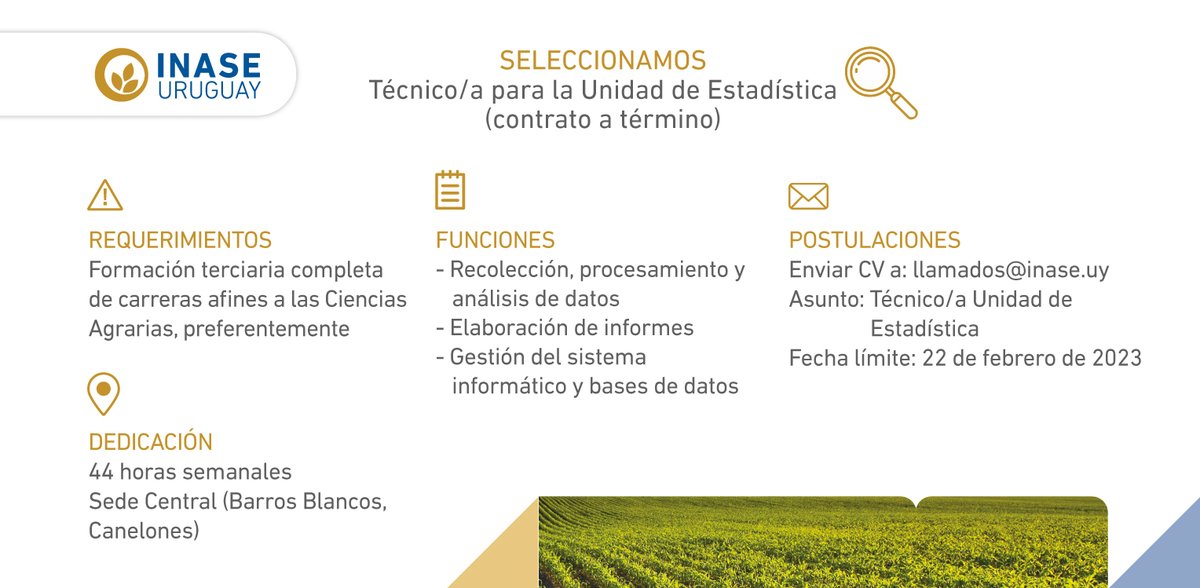 INASE_UY's tweet photo. 📣 Oportunidad laboral 
Seleccionamos Técnico/a para la Unidad de Estadística (contrato a término) 
Postulaciones hasta el 22/2 
+ info https://t.co/Y7ISDA0gTk https://t.co/5GIFhoiU8c
