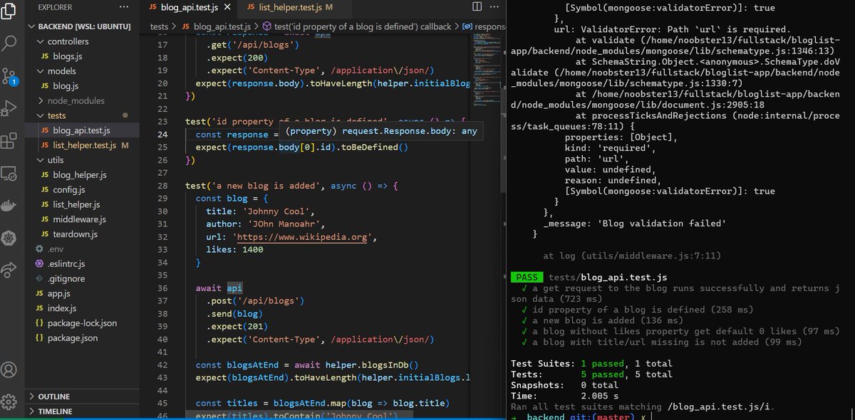 jump3rhood's tweet image. Day 6 of #100DaysOfCode 
Fullstack Open: (Part 4)
- structuring express apps
- unit testing with jest
- integrated api test with supertest
- async/await &amp;amp; promises
- Developed bloglist app api with tests
#fullstackopen #jest #express #nodejs