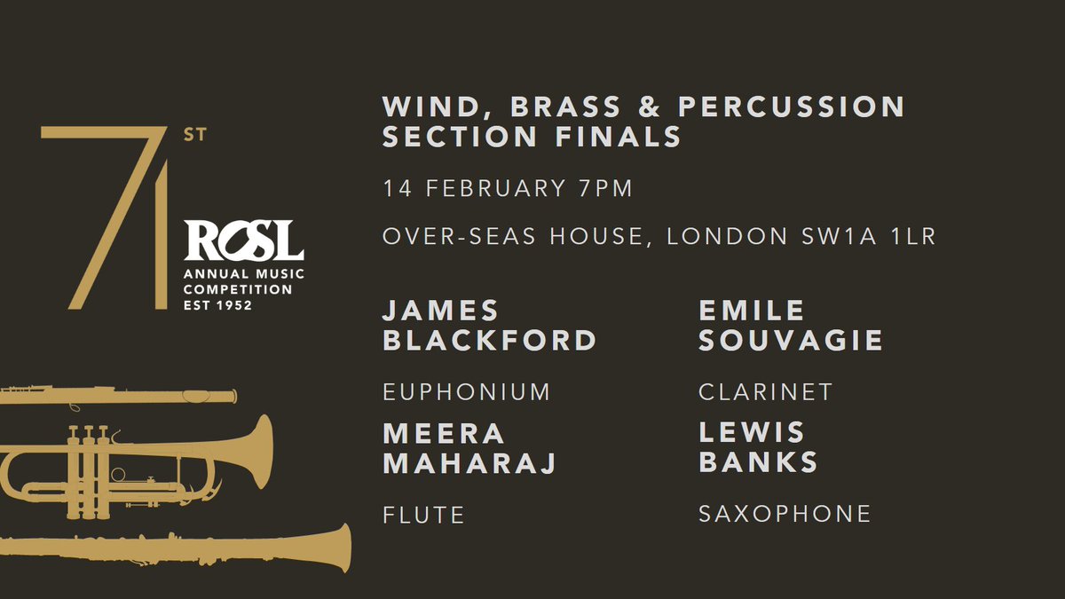 ROSLARTS's tweet image. Delighted to share tomorrow&apos;s finalists for the Wind, Brass &amp;amp; Percussion Section Final! #ROSLAMC

Tickets are available here: rosl.org.uk/events/event/1…