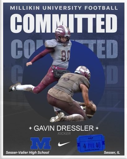 gavindressler80's tweet photo. Thankful and honored to announce I will be continuing my athletic and academic career at Millikin University!
@MU_BigBlueFB @MillikinHFC @CoachAllgeier @Coach_JBurrell https://t.co/mx4DyhNcu4