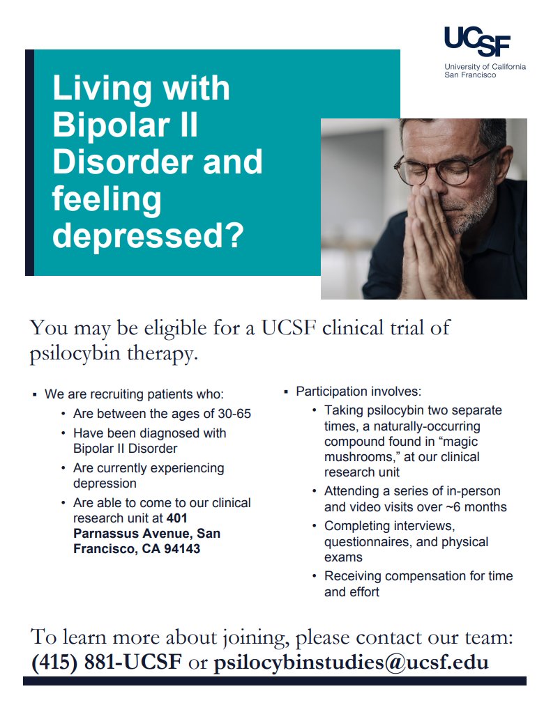 Josh Woolley MD/PhD (@thebandlab) on Twitter photo Are you or someone you know currently depressed and have bipolar 2 disorder? @Trpr_program is recruiting for a trial of psilocybin therapy. To learn more, for to psychedelics.ucsf.edu or email psilocybinstudies@ucsf.edu. Are you or someone you know currently depressed and have bipolar 2 disorder? @Trpr_program is recruiting for a trial of psilocybin therapy. To learn more, for to psychedelics.ucsf.edu or email psilocybinstudies@ucsf.edu.
