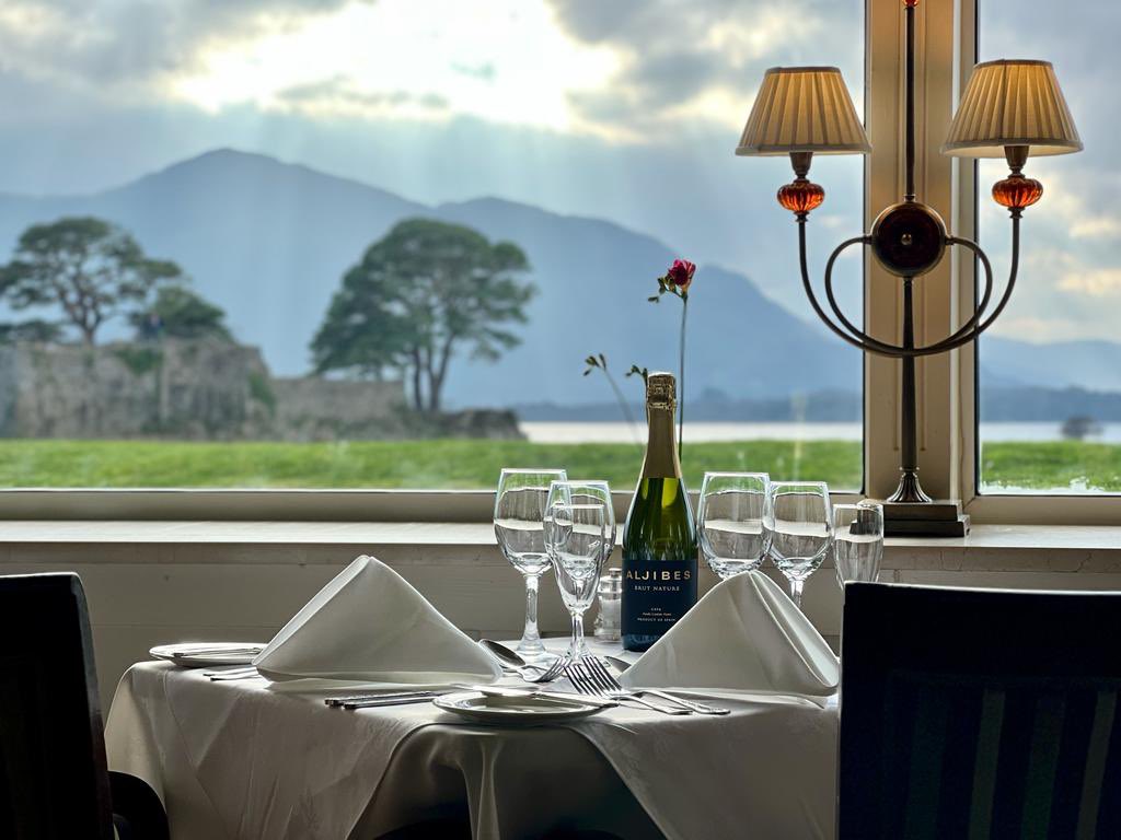 Dinner views from our Castlelough Restaurant 💫 The perfect setting for a romantic meal, paired with a bottle of #bodegasaljibes #cava 🥂💖#diningroom #lakeviews #romanticescape #valentines #valentines2023 #lakehotelkillarney