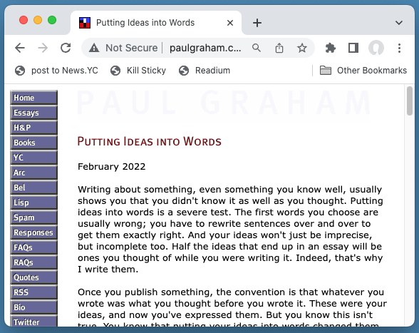Was talking to some founders in the current YC batch, mostly in their twenties, and they were surprised to learn why my site has what seems like a narrow column of text down the left side: that's how wide monitors used to be. In 1998 this would have been a typical browser window.
