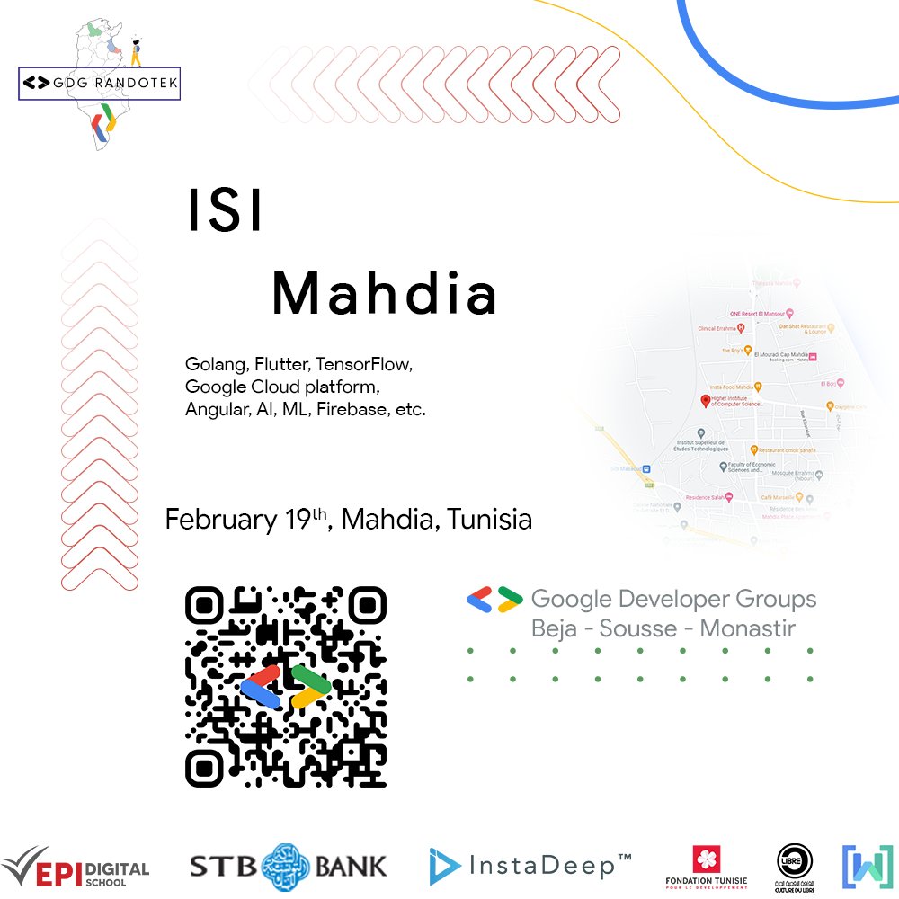 GDGSousse's tweet image. As the double-session weekends will continue 💪
GDG Randotek team is visiting the beautiful Mahdia this Sunday, February 19th, 2023
You&apos;ll meet us at Institut Superieur de l&apos;informatique [ISIMA] ☺️
Register now from here:
forms.gle/ZTPdcpdHkaW4mT…

#gdgmena #instadeepai #epidigital