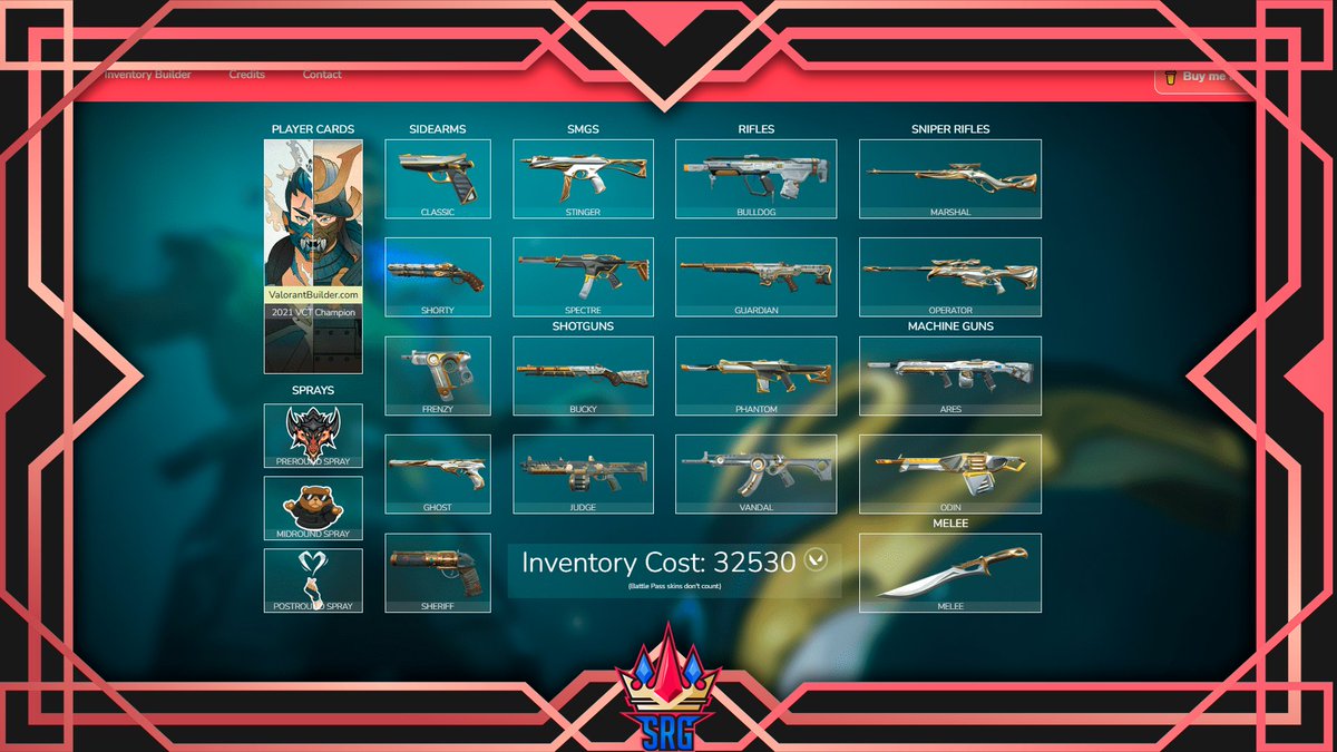 ¡Comparte  cuanto cuetsa tu inventario soñado!
valorantbuilder.com
💎El mejor se lleva un riot points para la cuasa 💎
#valorant #SKINS #RIOT #RIOTPOINT #GIVEAWAY