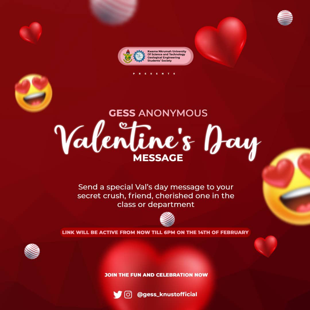 GeologicalEng's tweet photo. Send a special val’s day message to your partner, favourite pal ,🥰 crush 😊,secret admirer😍 or cherished one in the class or department via the _Geo-be my Val anonymous_❤️🎊 https://t.co/SrJHOuEcIR
