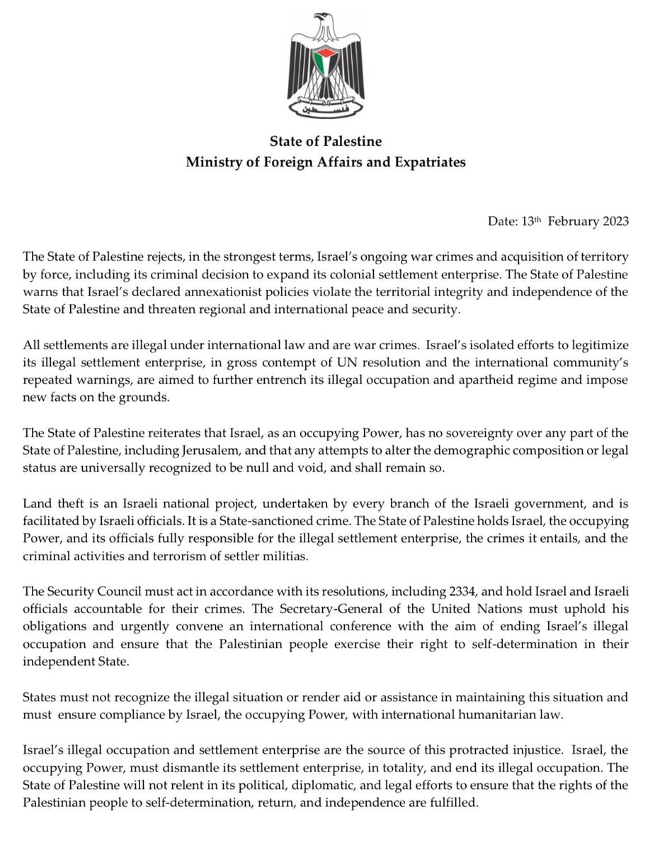pmofa's tweet photo. The State of Palestine rejects, in the strongest terms, Israel’s ongoing war crimes and acquisition of territory by force, including its criminal decision to expand its colonial settlement enterprise; https://t.co/O9EgRQFHwg