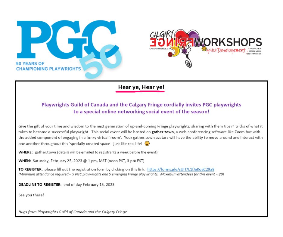 PGC Playwrights! Do you love fringe festivals?  Join us online for a mixer with the Calgary Fringe Festival on Feb 25 at 1pm MST. Share your stories and meet the next generation of theatre creators! Space is limited. To register click here: forms.gle/sUH7L1fJeKoaC2…