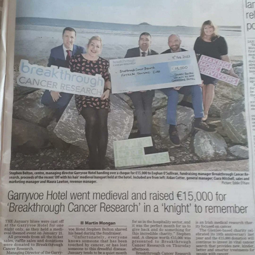 Garryvoehotel's tweet photo. We were delighted to hand over €15,000 to @BreakthroCancer raised at our Medieval Banquet!
MD Stephen Belton shaved his head on the night! We would like to thank everyone who contributed, helped & supported in anyway to make this possible.
#charity #headshave #breakthroughcancer https://t.co/i9cCtWKU0c