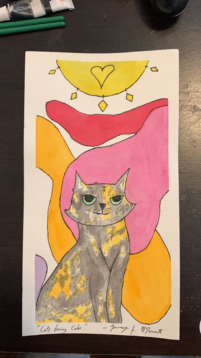 JacobJakemcd98's tweet photo. 1/29/23 “cats bring color”

I really like this one. It was fun and I think it’s cute. I like how the splotching for the fur came out and the over all vibe of it. 10/10 #watercolorpainting https://t.co/KokAWhixkJ