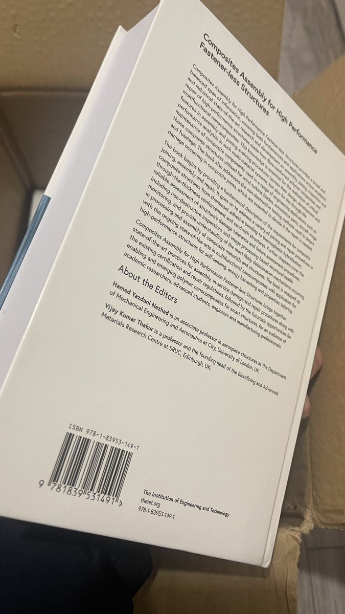 hamed_nezhad's tweet image. Great gifts waited for me when got home today! Results of years of researches by 60 authors, in 21 chapters and 800 pages! Feels really different when you hold REAL books in hand rather than a digital one #multifunctional #composites #compositestructures #compositebonding @TheIET