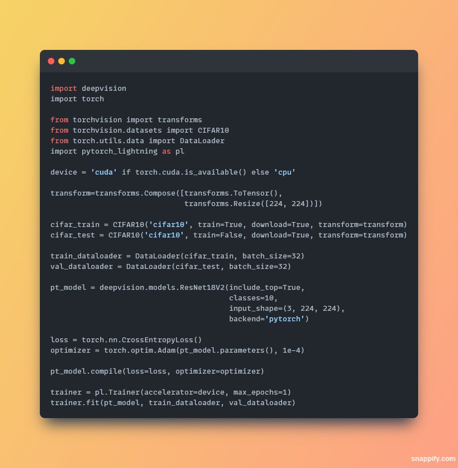 LandupDavid's tweet image. Naturally, #DeepVision supports vanilla PyTorch training with custom loops, besides simple and effective PyTorch Lightning, providing you with the flexibility of pure `torch.nn.Module`s: