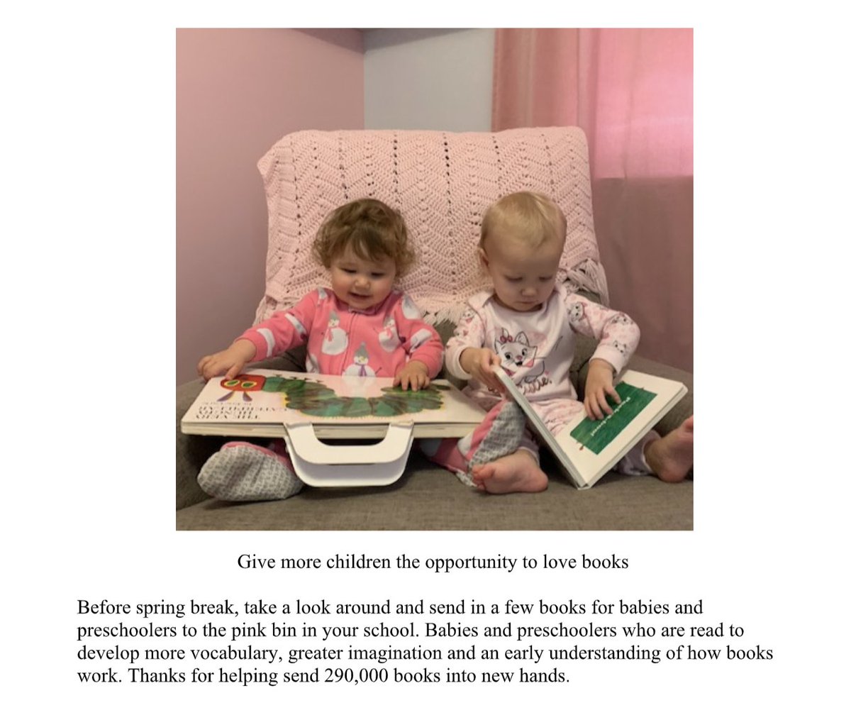 Thanks <a href="/glenlyonnorfolk/">Glenlyon Norfolk School</a> for supporting Victoria's 1000X5! It is such a worthy cause! If you have any picture or board books that you are passing on our 1000x5 pink bin is in our Beach Drive Learning Commons!