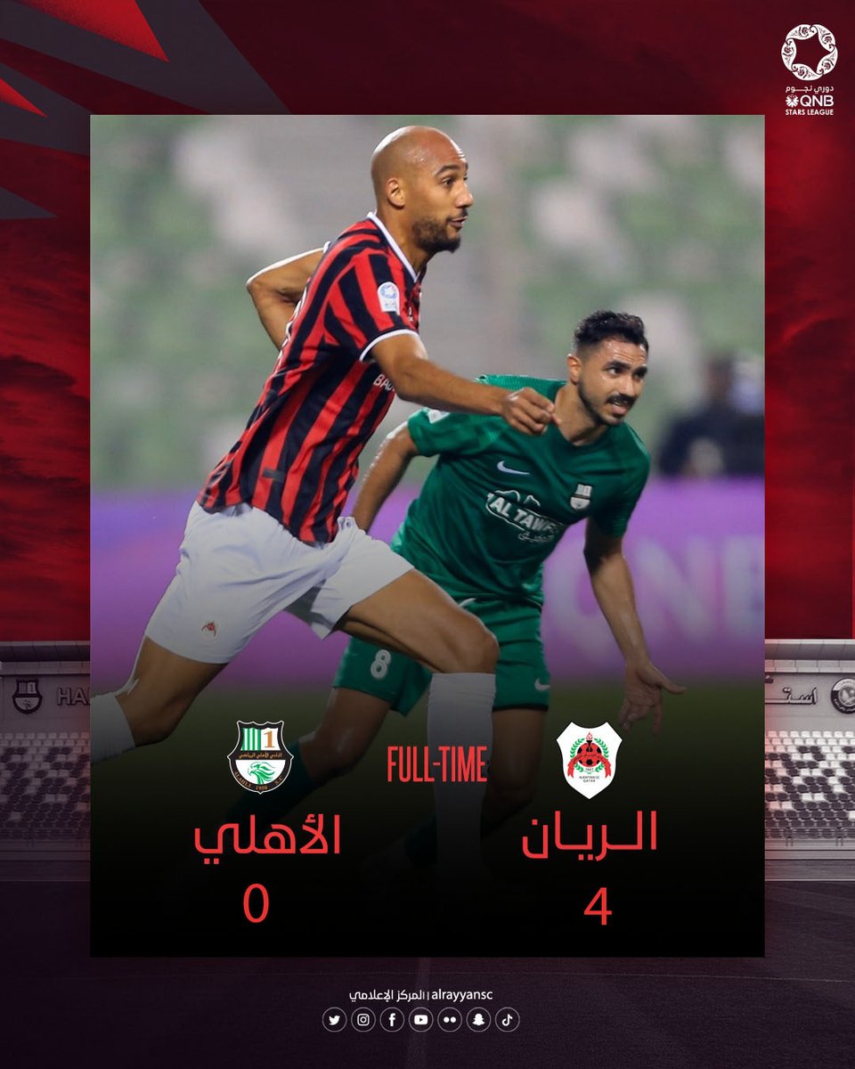 نهاية المباراة
الريان 4-0 الأهلي
Full time
Al Rayyan 4-0 Al Ahli