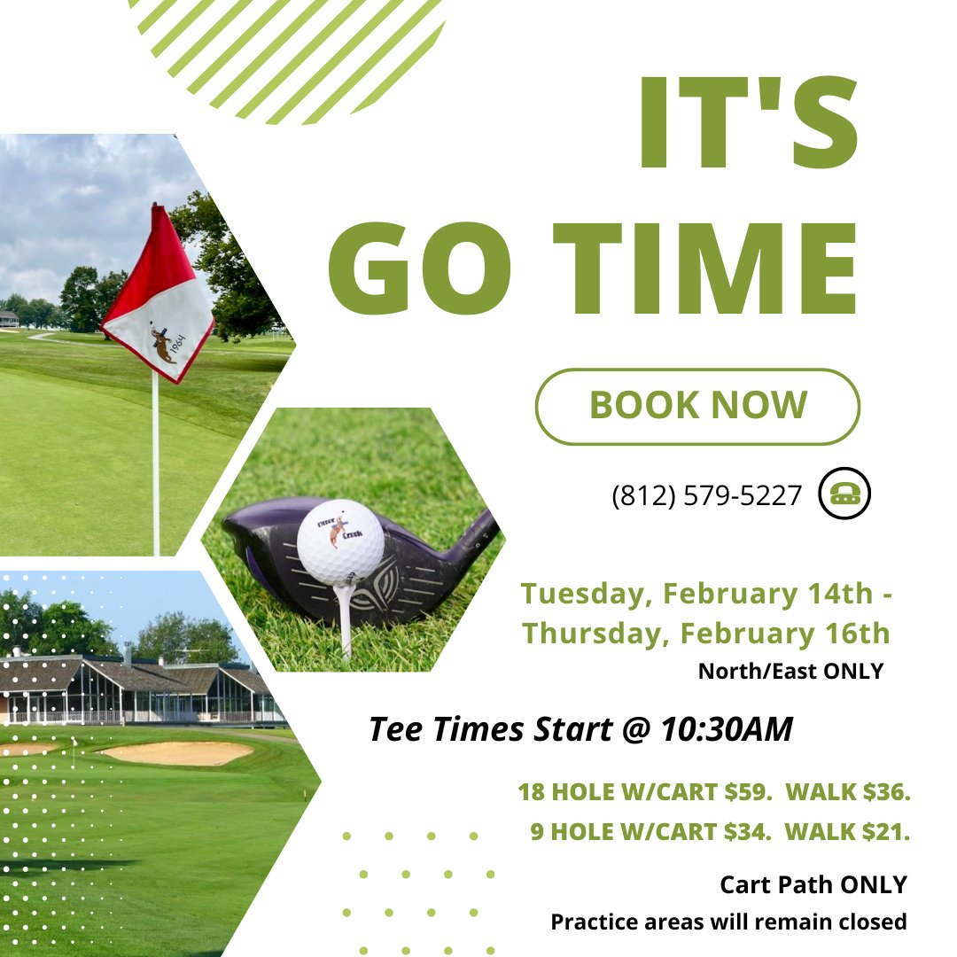 The 2023 season is here! With the warmer temperatures forecasted for this week, the course we will be open &amp; ready for play tomorrow, February 14th through Thursday, February 16th! Tee times starting at 10:30AM each day. Call today to secure your spot! (812)579-5227 option 1⛳