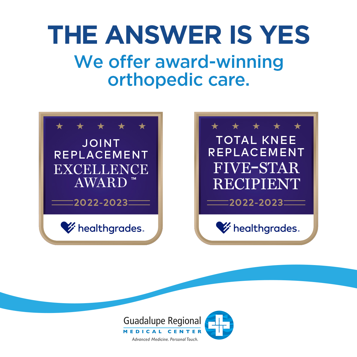 GRMCHospital's tweet image. Did GRMC receive the Joint Replacement Excellence Award and Total Knee Replacement Five-Star Recipient Award from Healthgrades for two years in a row? The answer is Yes!  #jointreplacement #totalkneereplacement #healthgrades