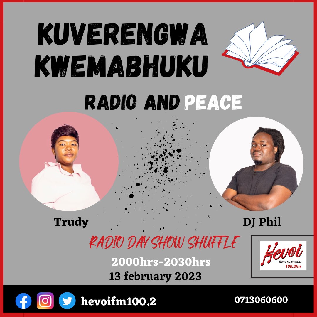 HevoiFm's tweet photo. Mambo vari Pachigaro aka DJ Phil and Vatete Trudy on Kuverengwa kwemabhuku tonight. Are you ready for tonight?
#showshuffle
#worldradioday2023
#hevoifm https://t.co/z8M8acucYD