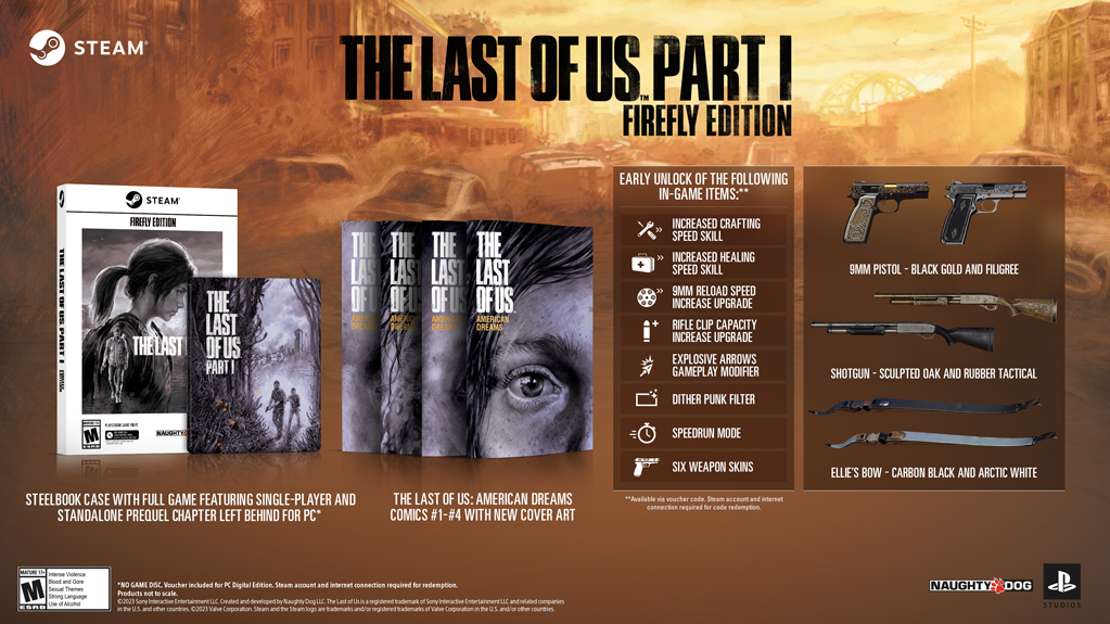 Naughty Dog on X: The Last of Us Part I Firefly Edition for PC on Steam is  also available for pre-purchase until release on 3.28.23, including a  SteelBook case, comics, and more! (