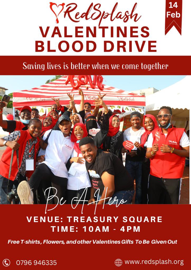 Got plans for #ValentinesDay? 
<a href="/redsplash_kenya/">redsplash_kenya</a> will be marking this anniversary @ Treasury Square starting from 10am to 4pm.
Come Be a Hero. Come be someone’s valentine🩸
Donate blood and save a life
#donateblood #blooddonation #Savealife #ValentinesDay2023