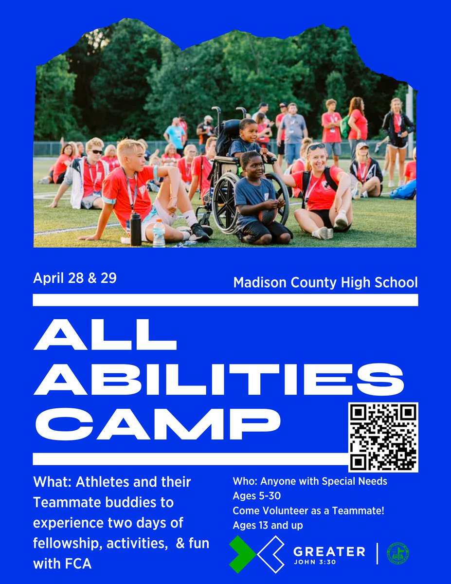 FCFCA706's tweet image. Use the QR code to sign up. The site is for campers and volunteers. We will have a training day at Colbert Baptist Church for volunteers on April 23rd from 3-6. We want this camp to be GREAT! #greater #fca #allability