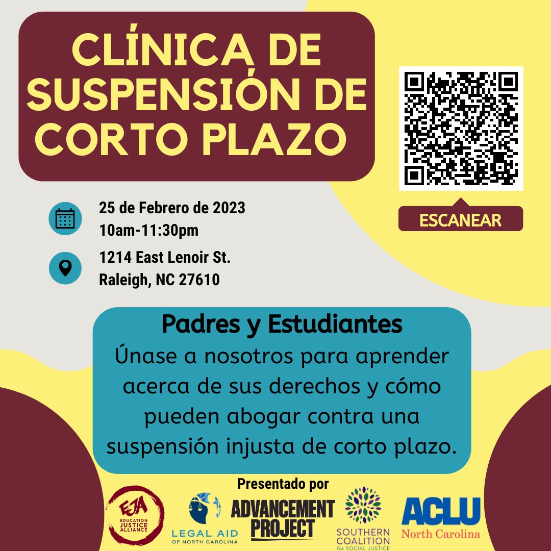 ATTN Raleigh Area Parents &amp; Students 🚨 
@EJARALEIGHNC is hosting a short-term suspension clinic to help parents and students understand their rights and ways they can appeal an unfair suspension.

To learn more or sign up, visit 👉 tinyurl.com/ejaclinic