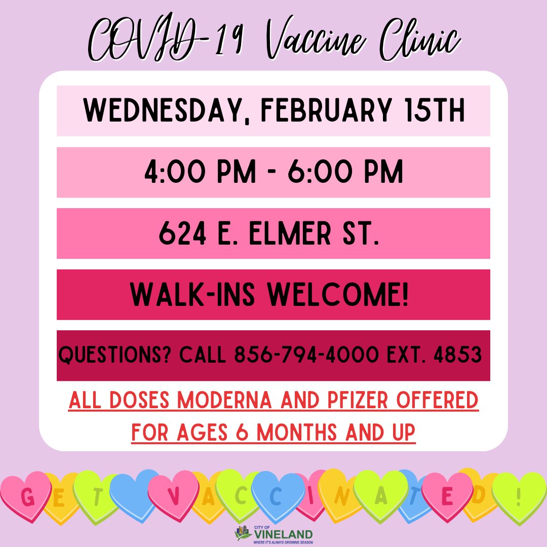 📢📢Looking for a COVID-19 Vaccine or Bivalent Booster? Join us WEDNESDAY (2/15/23) from 4p-6p! Vaccines and Booster doses will be available for those ages 6 months and up! Questions? Call 856-794-4000 ext. 4853.😁😁 #COVID19 #vaccine #booster