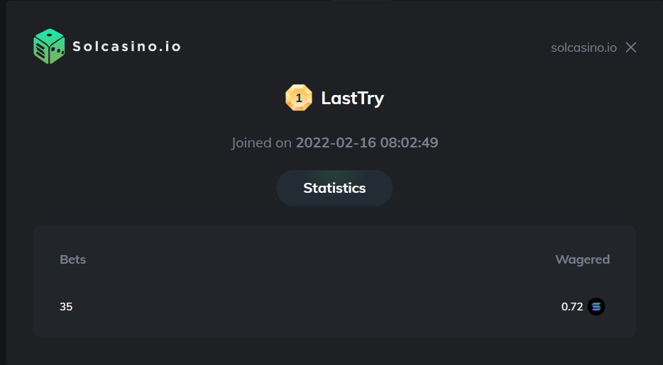 Last Try (@lasttryraccoon) on Twitter photo 1 part:
I have always been a lucky person. In cs go, knives fell from 2 cases. I won at roulette with a 0.1% chance twice. And much more. I decided to go to see your site, how is it here and what. In the first game, 10x came up on a coin flip. <a href="/Solcasinoio/">Solcasino.io</a> 1 part:
I have always been a lucky person. In cs go, knives fell from 2 cases. I won at roulette with a 0.1% chance twice. And much more. I decided to go to see your site, how is it here and what. In the first game, 10x came up on a coin flip. <a href="/Solcasinoio/">Solcasino.io</a>