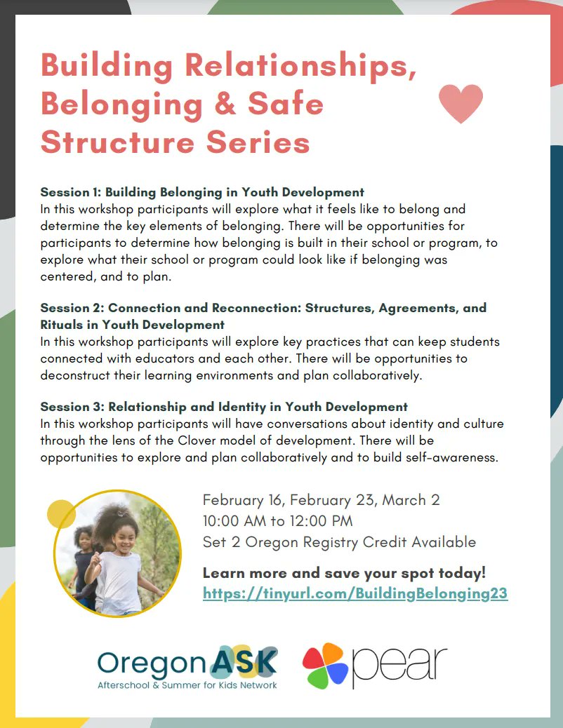 Exciting news! Join our next training series on Building Belonging facilitated by experts from PEAR. Reimagine what belonging could look like &amp; focus on building meaningful, safe relationships with youth. Register now for all 3 sessions for just $60. buff.ly/3llmTkJ