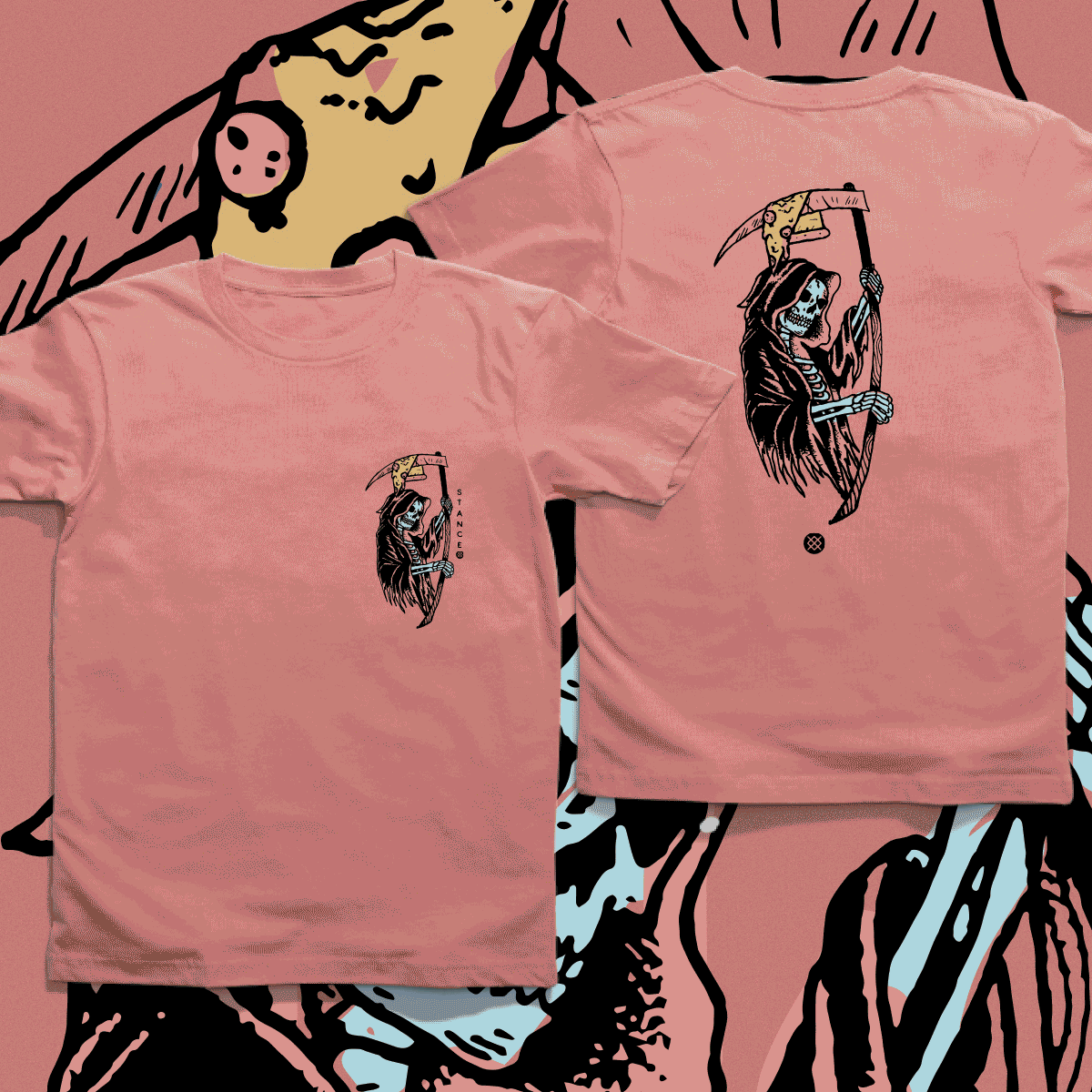 stance's tweet photo. Peace &amp; Pizza. ✌️🍕
 
Peace, sunsets, flowers… and the grim reaper enjoying a slice. Our February collection of graphic hoodies and t-shirts has arrived and it’s a good one! 

What's your favorite? Shop the latest now https://t.co/y4zcjukxXj https://t.co/Q0Bi8d6xPi