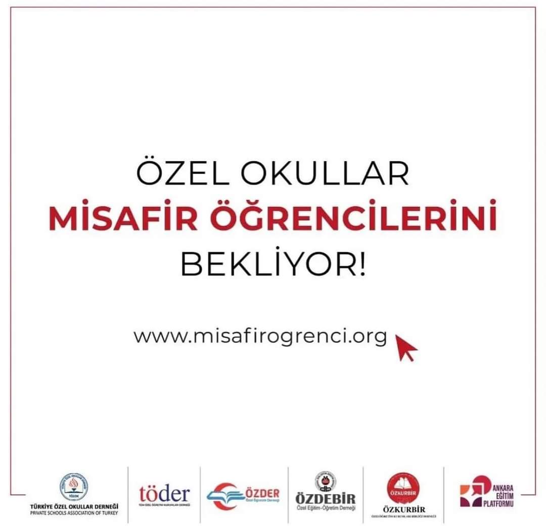 Özel Okullardan Depremzedelere "Misafir Öğrenci" Kampanyası:
10 ilimizde yaşanan iki ayrı depremden etkilenen öğrencilerin, 2022-2023 eğitim yılının ikinci döneminde tam burslu olarak öğrenim görebilmelerini sağlamak için oluşturulmuş bir sosyal sorumluluk projesidir.