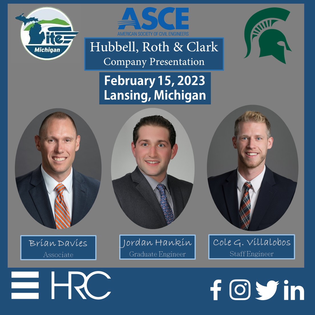 HRCengr's tweet photo. Brian Davies, Cole G. Villalobos, and Jordan Hankin will showcase Hubbell, Roth & Clark, Inc. at Michigan State University. HRC would like to thank MSU student chapters of ITE and ASCE for inviting us to speak.
#hrcengr #ite #asce #MSUEngineering https://t.co/46XM11qZpm