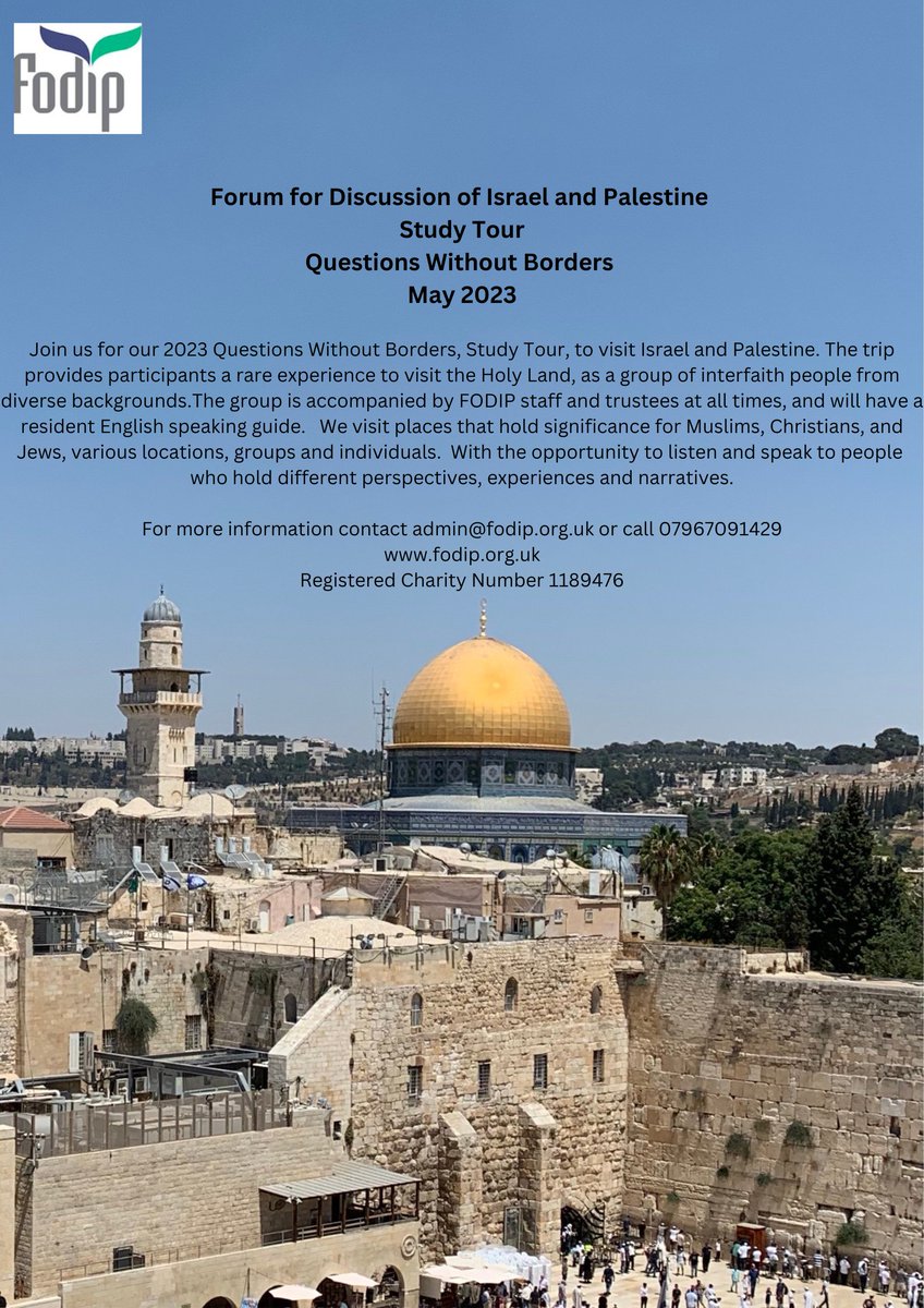 Join @fodip for their May Questions Without Borders Study Tour. Visit Israel and Palestine and see the places that are significant for Muslims, Christians, and Jews . Meet a group of interfaith people from diverse backgrounds. talkmatters.info/updates/forum-… #interfaith #IsraelPalestine