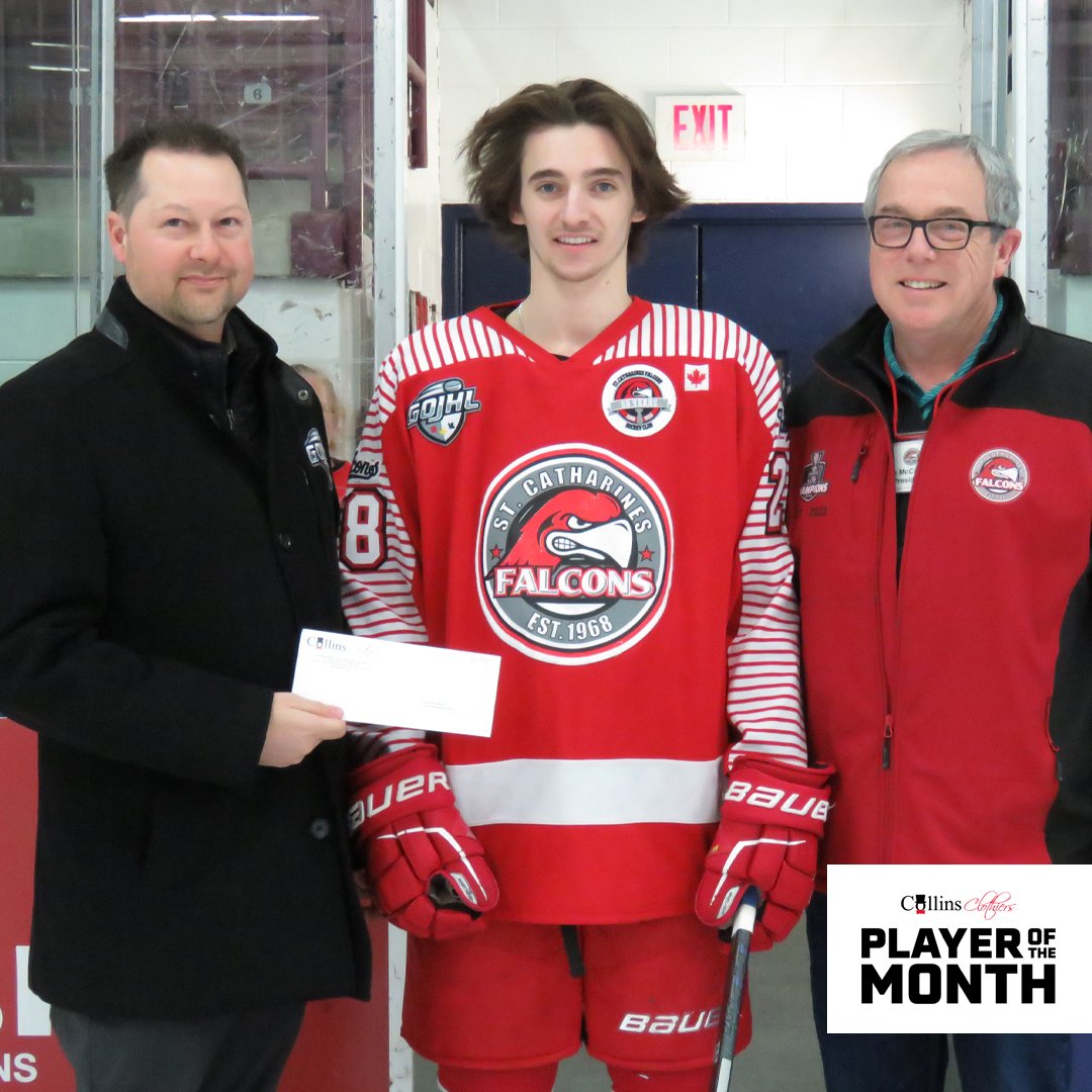 Congratulations to Blake Yetman from the St. Catharines Falcons on his @collinsclothiers Player of the Month Award for January. Blake was presented with a gift card on Friday night by Tim Simmons, GOJHL Director of Hockey Operations.
@gojhl <a href="/StCathFalcons/">St. Catharines Falcons</a>