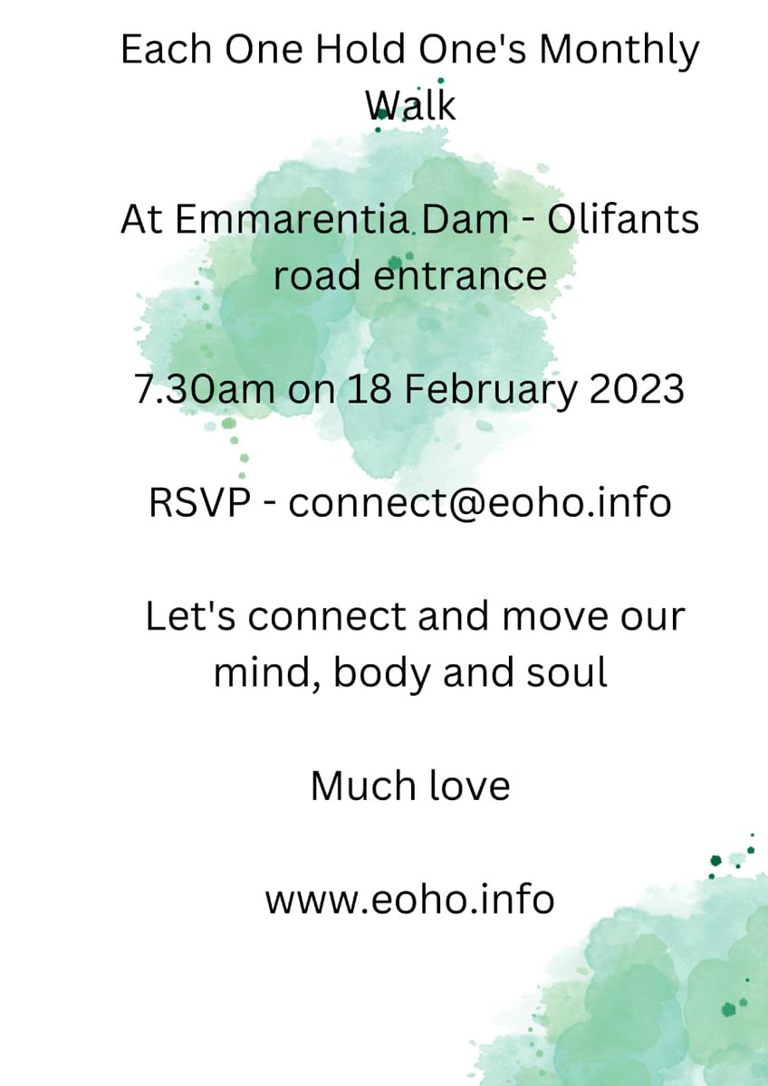 EachOneHoldOne's tweet photo. Happy Monday!

Please join us this Saturday the 18th of February 2023 for our monthly walk.  

Rain or Sunshine we will be there!

Please rsvp on the site or email connect@eoho.info. Thank you

We look forward to connecting there!

Much Love!

#Wellbeing  #mentalhealth https://t.co/K140yyeNl9