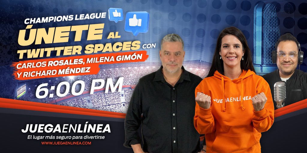 #13Feb 🟣🏆 HOY a las 6:00 PM, conéctate a la sala para la previa de la #ChampionsLeague junto a @milenagimon, @RichardMendezTV y @carlosrdozsa como #SpacesHost.

#UCL #TwitterSpacesESP