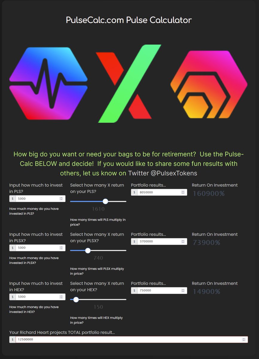 PulseChain Calculator: Here is an easy $12.5 Million Dollar forecast for  $15K spread out on $HEX $PLS $PLSX #PulseX #ETH #BTC #PulseCalc