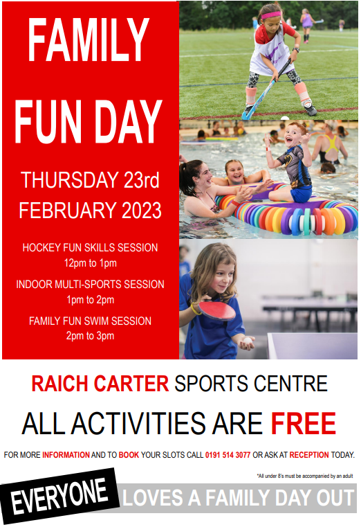 Check out what's on offer at the Raich Carter Sports Centre Family Fun Day. All activities are FREE! 👏👏👏👏👏

Call 0191 5143077 or pop in to reception to book your slot!