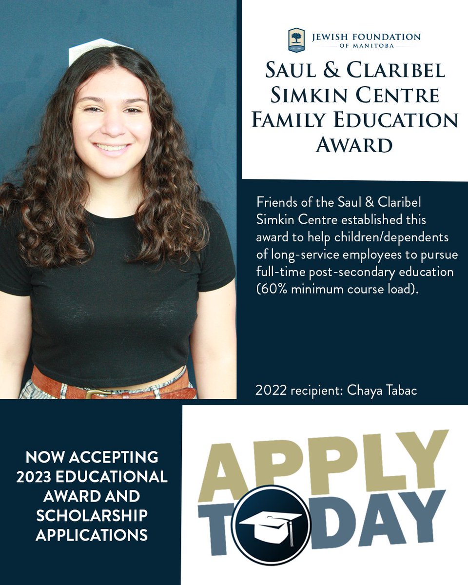 The application window for the Saul &amp; Claribel Simkin Centre Family Education Award is now open. The full list of guidelines and eligibility requirements for those who wish to apply can be found at jewishfoundation.org/scholarships/t…

#JewishFoundation #Awards #Scholarships