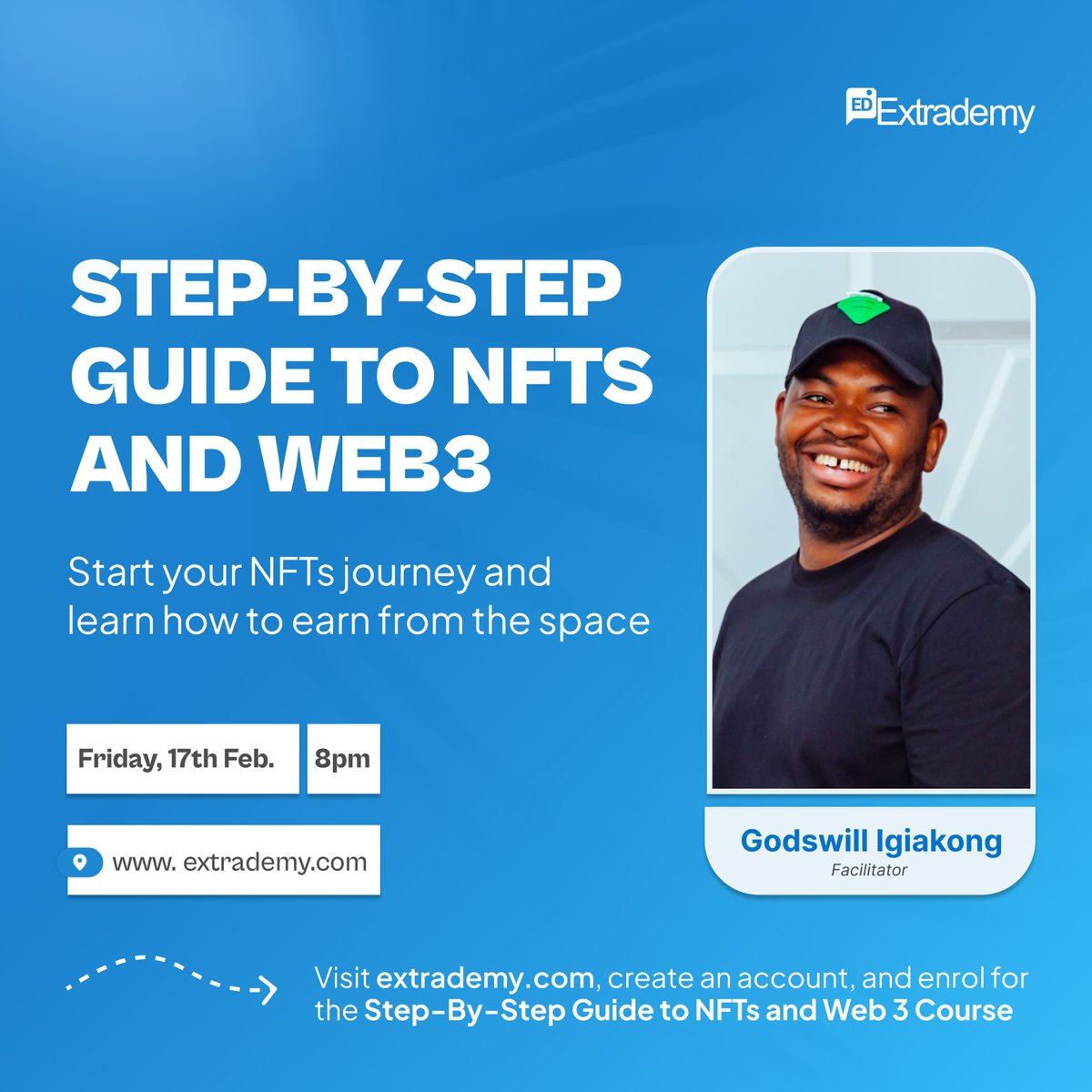 joinextrademy's tweet photo. The Web 3 space has lots of opportunities for digital creators and skilled people.

Join this class to learn how to leverage this new space for maximum impact from our expert instructor.

Visit https://t.co/niI5iT6vXV or set an alarm for 8pm tomorrow if you are enrolled already. https://t.co/fIleQlGLcw