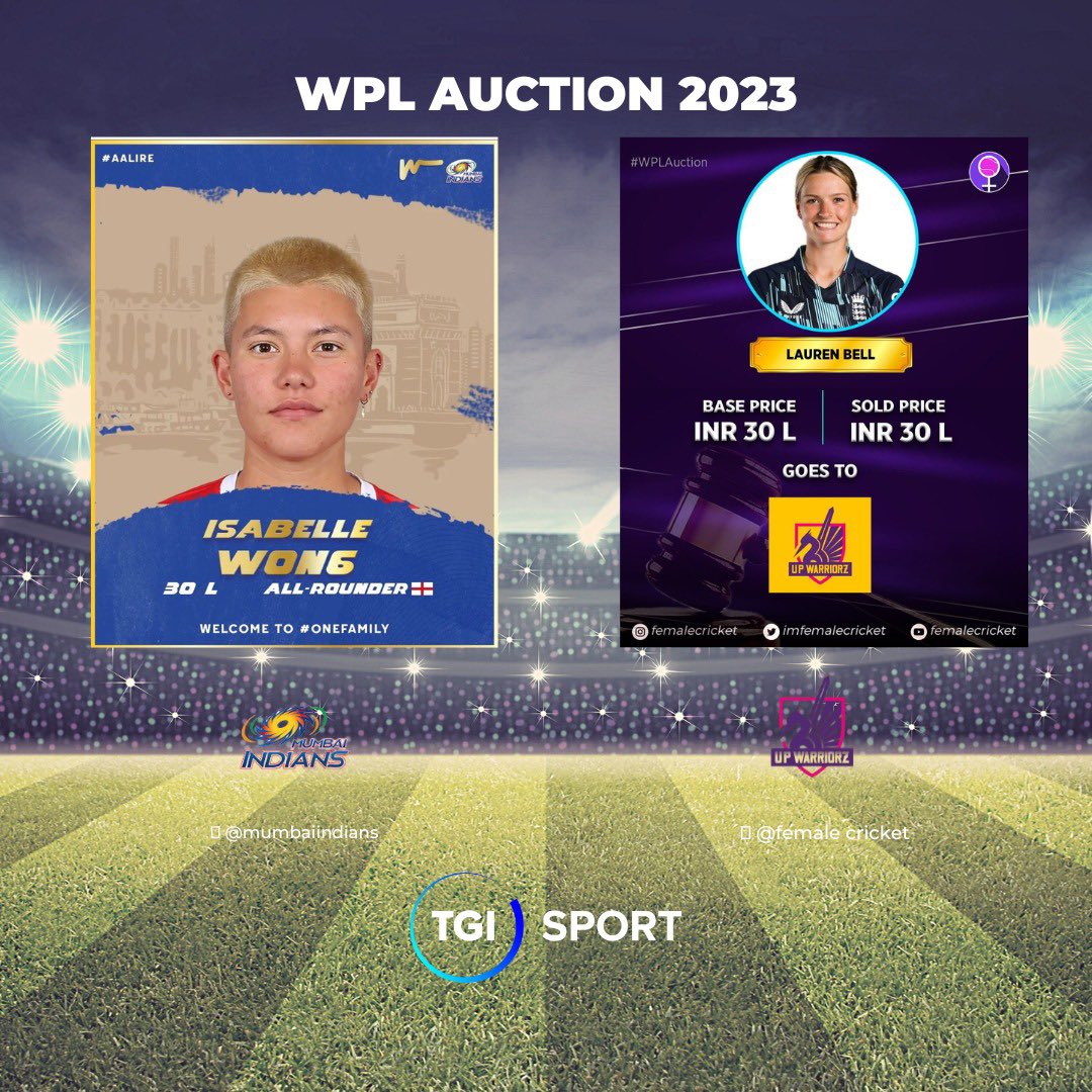 It’s been a massive day for women’s sport, with the WPL auction taking place in Mumbai.

We are so excited that <a href="/tgi_sport/">TGI Sport</a> clients @wongi95 &amp; <a href="/_laurenbell2/">Lauren Bell</a> _ were both picked up and will be playing in the inaugural <a href="/wplt20/">Women's Premier League (WPL)</a>!
