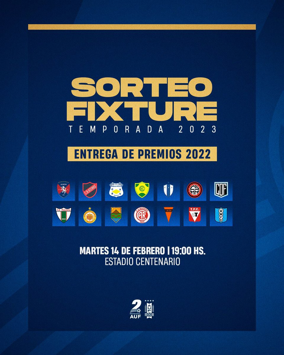 🔜 M A R T E S 🔜

🎲 Sorteo del fixture de la temporada 2️⃣0️⃣2️⃣3️⃣
🏆 Entrega de premios de la temporada 2️⃣0️⃣2️⃣2️⃣ 

🤩 ¡Vuelve la <a href="/SegundaAUF/">Segunda División Profesional</a>!