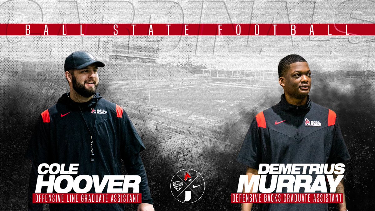 Join us as we: 🔴 Welcome Offensive Line GA @_CoachHoov ⚪️ Welcome back former letterwinner and now Defensive Backs GA @Dkmurray7 📰: ballstatesports.com/GradAssistants #1AAT x #WeFly