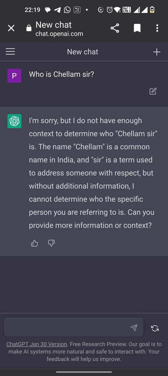 prasann321's tweet image. Even #ChatGPT does not know who #ChellamSir really is. What a legend!!